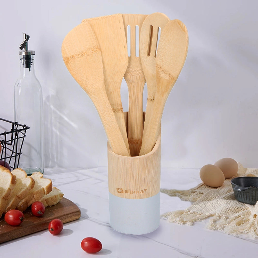 Set 6 Utensili da Cucina in Bambù Lunghezza 30 cm Antigraffio Colori Assortiti