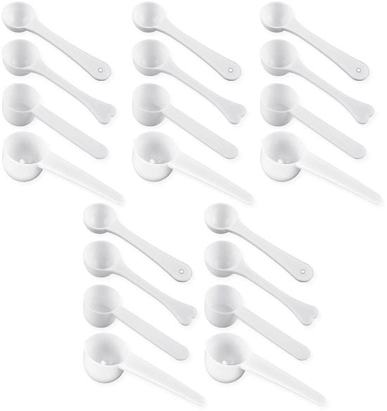 Set di 20 Maatlepels in Plastica per Caffè/Mele/Polveri - 1G/3G/5G/10G - Sostenibile e Sicuro