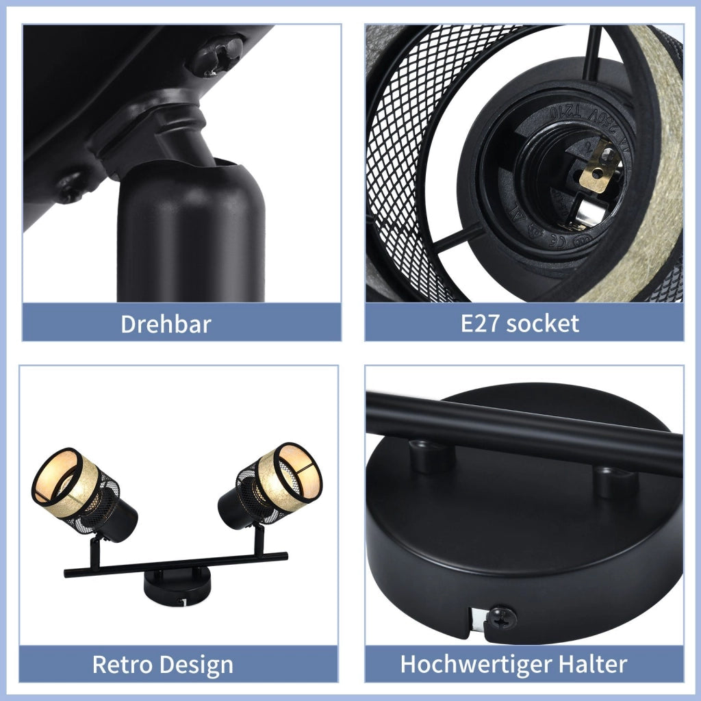 ZMH Faretto da soffitto neri 2 luci E27 metallo retrò 330° paralume tessuto dorato max 25W per corridoio
