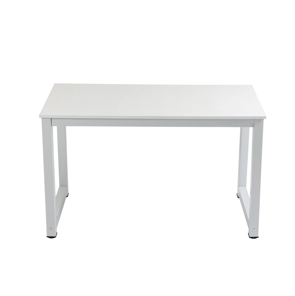 Scrivania ad angolo bianca in MDF e metallo; piano ampio per computer