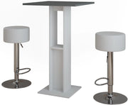 Set di tavoli da bar Repose, Bianco/antracite, 65 x 65 cm con 2 sgabelli da bar, con ripiano laterale per la conservazione di bottiglie e bicchieri