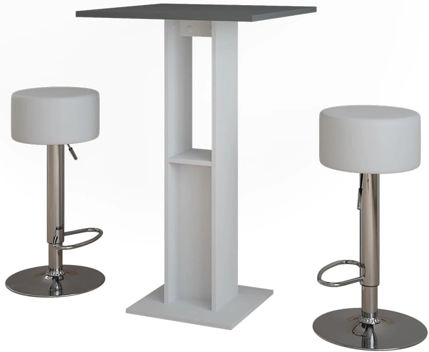 Set di tavoli da bar Repose, Bianco/antracite, 65 x 65 cm con 2 sgabelli da bar, con ripiano laterale per la conservazione di bottiglie e bicchieri