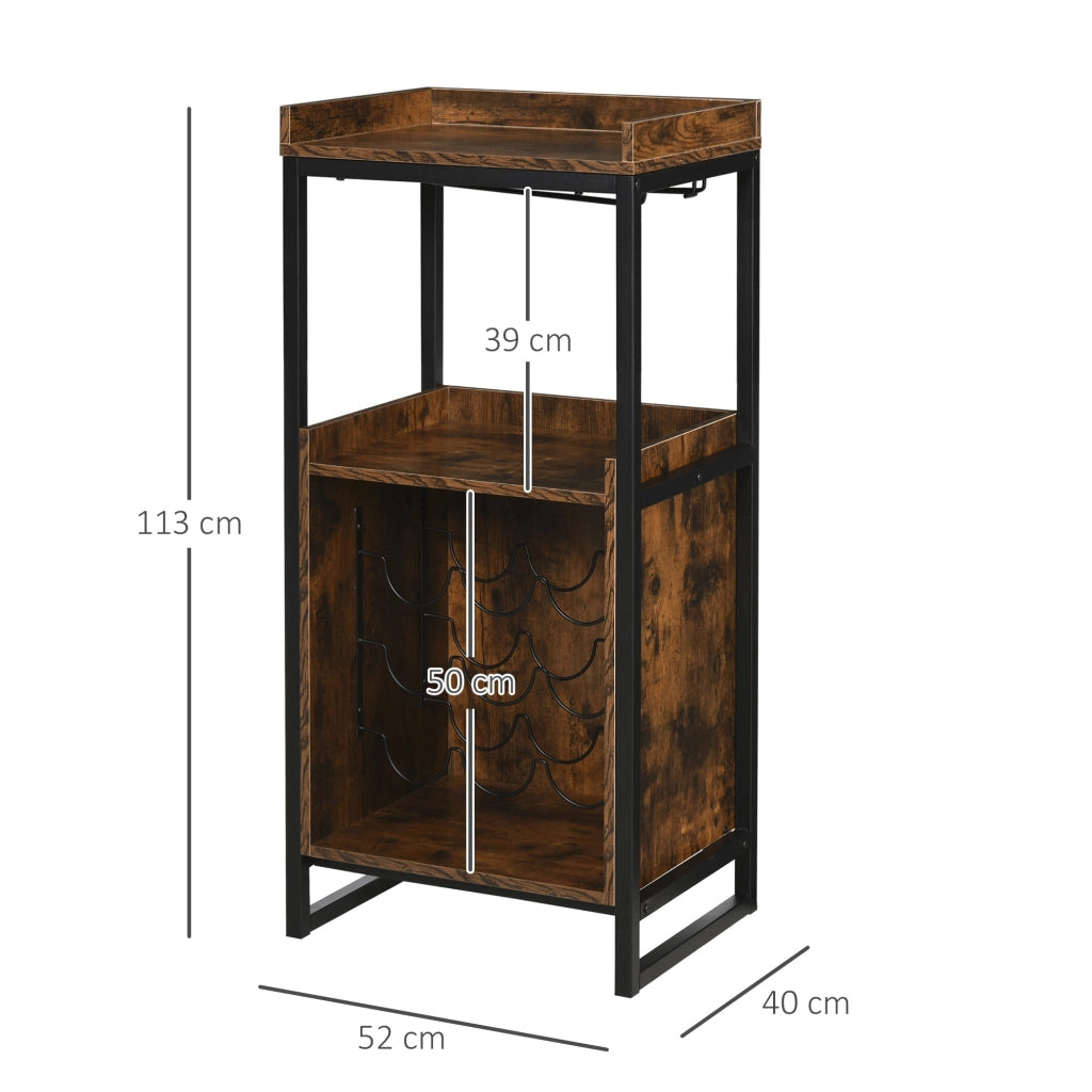 Mobile Portabottiglie Stile Industriale con Cantinetta Vini per 9 Bottiglie e Portacalici   Marrone