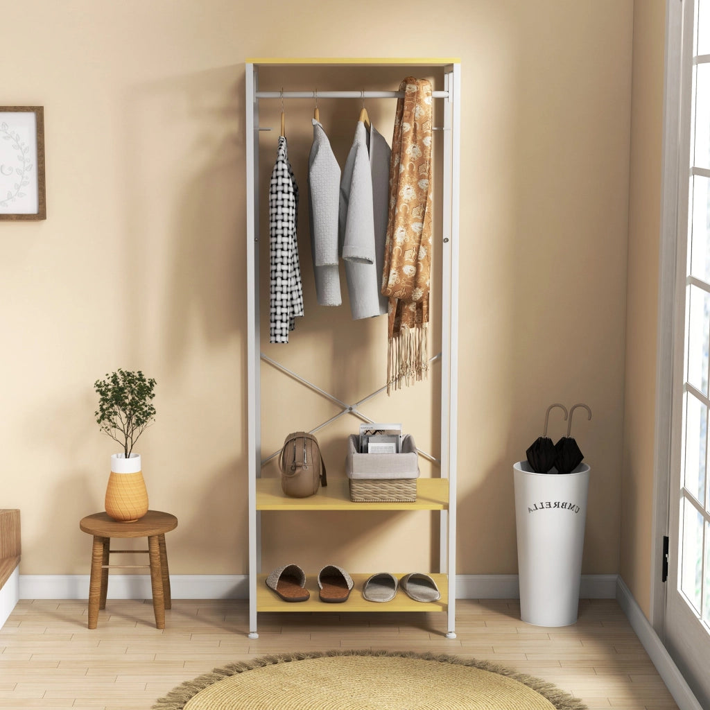 Mobile Appendiabiti 2 in 1 con Ripiano a 2 Livelli 60x40x167,5 cm in Acciaio e Truciolato Bianco e legno naturale
