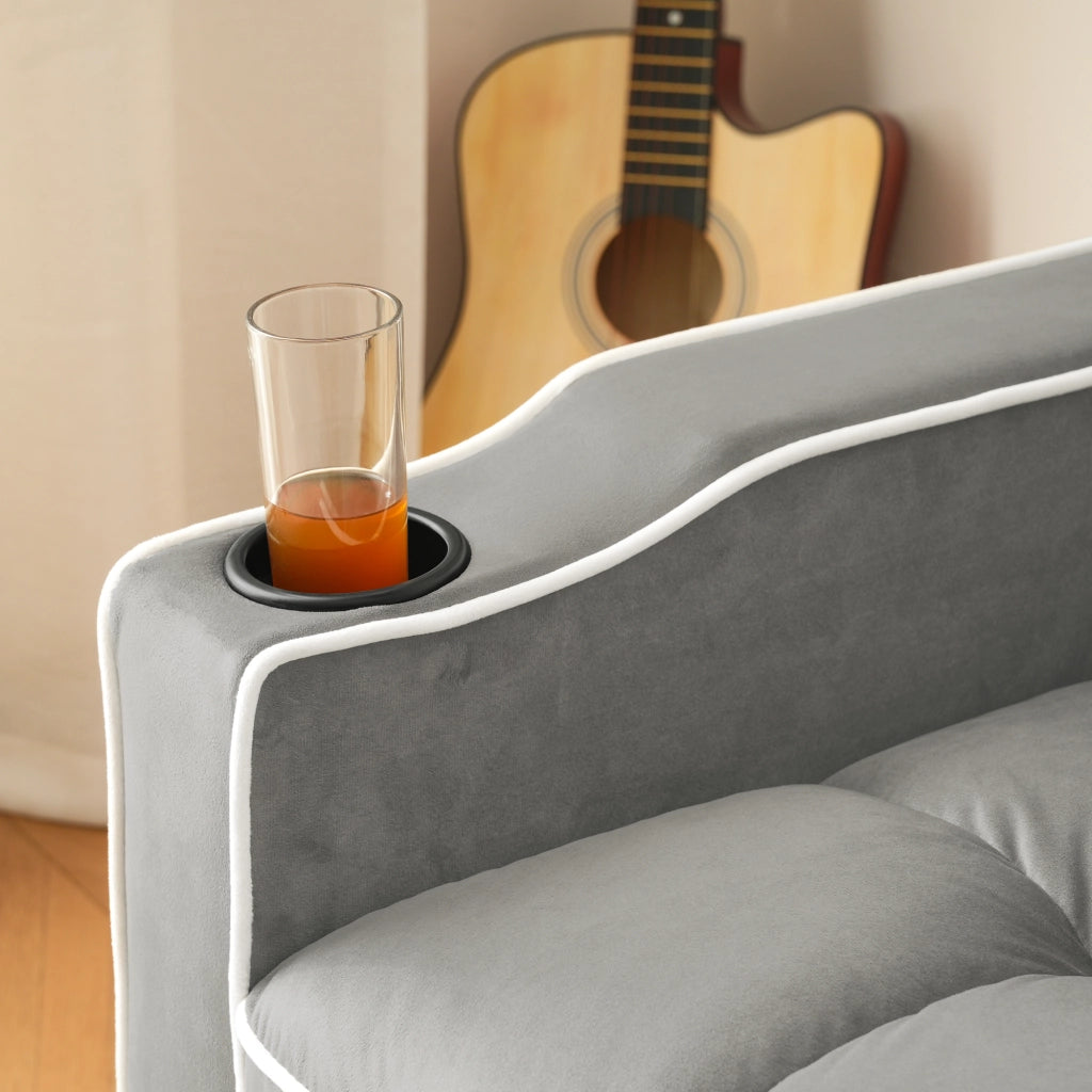 Divano letto singolo 3 in 1 - con portabicchieri e porta telefono - in velluto - grigio anticato