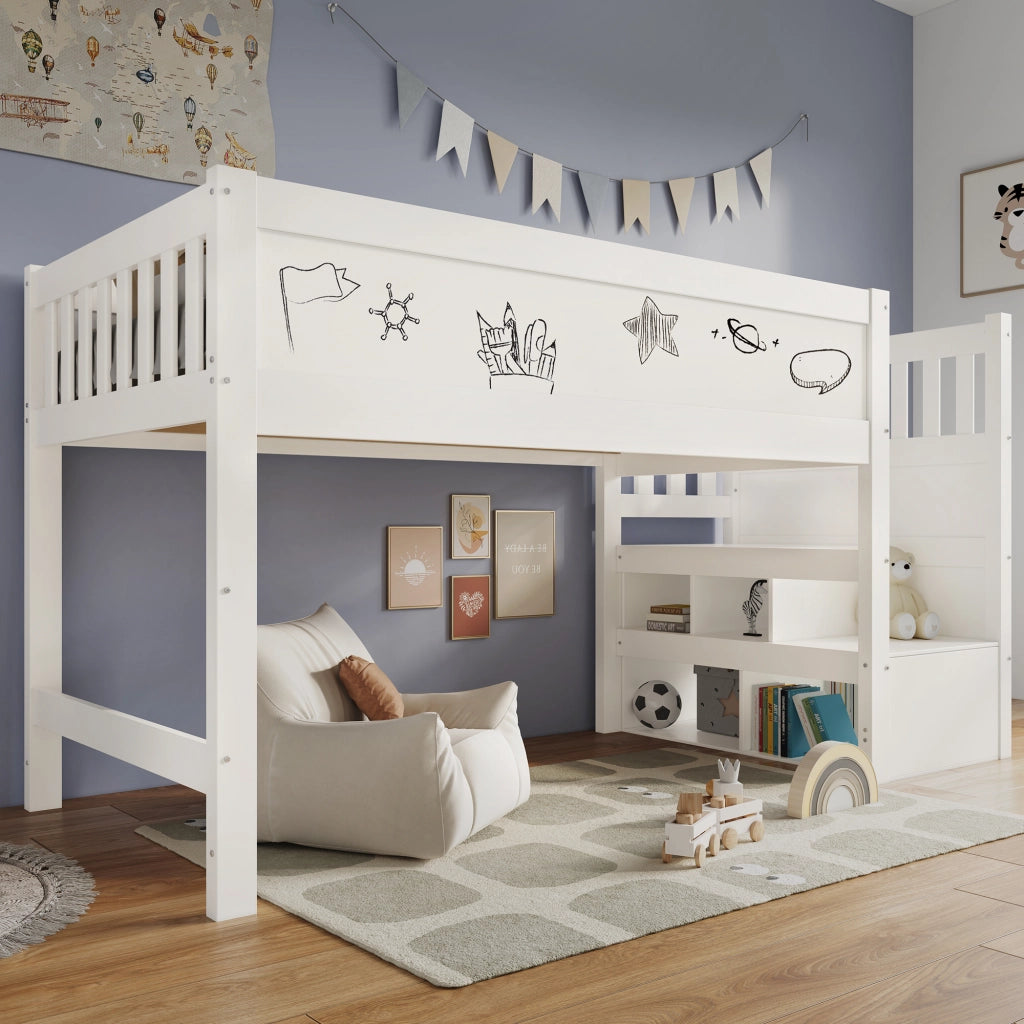 DESMIU Letto a Soppalco per Bambini 1 Posto con Scala Contenitore e Lavagna, 90 × 200 cm, Senza Materasso, Bianco