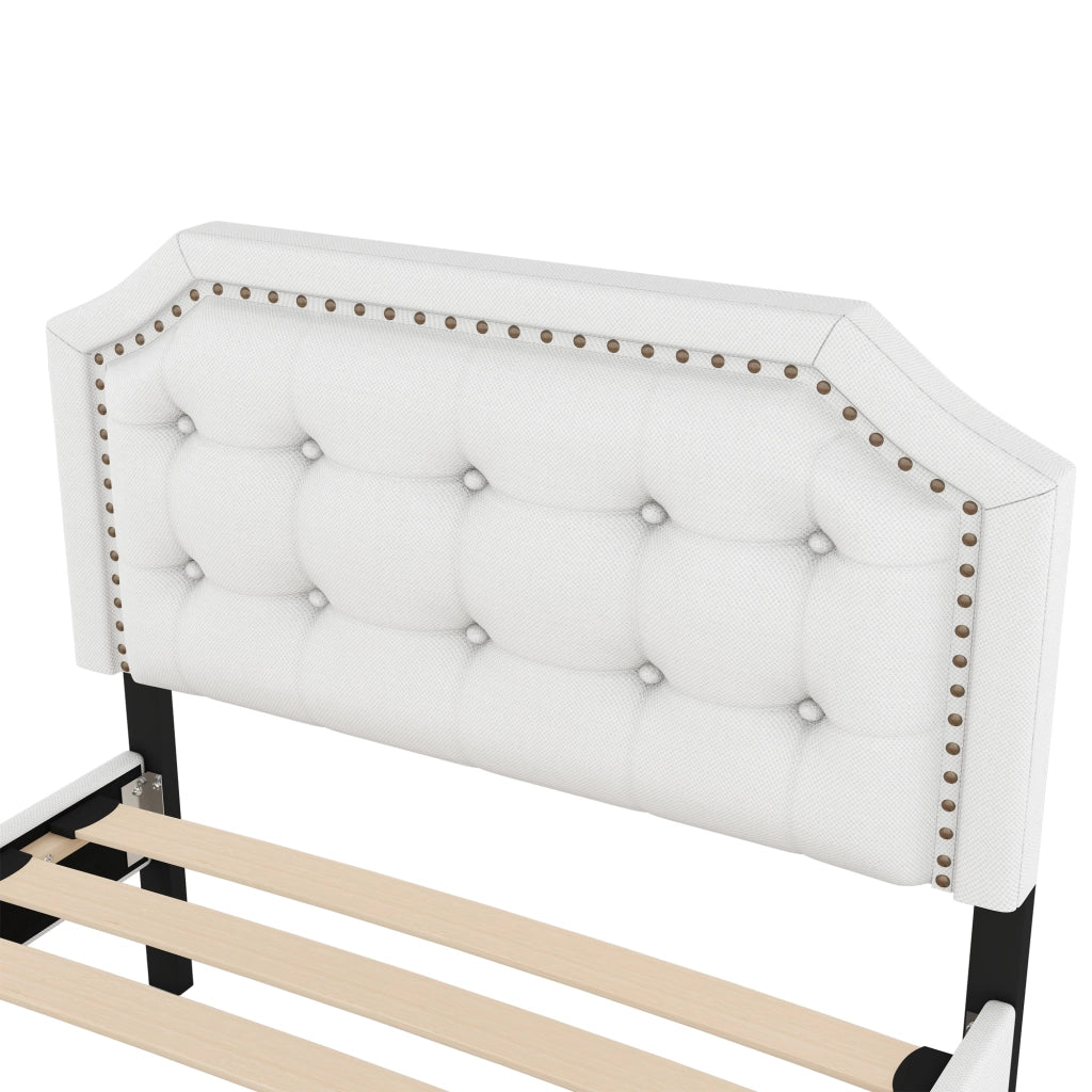 LETTO Imbottito 90x200 cm Beige Chiaro in MDF e lino con 2 cassetti