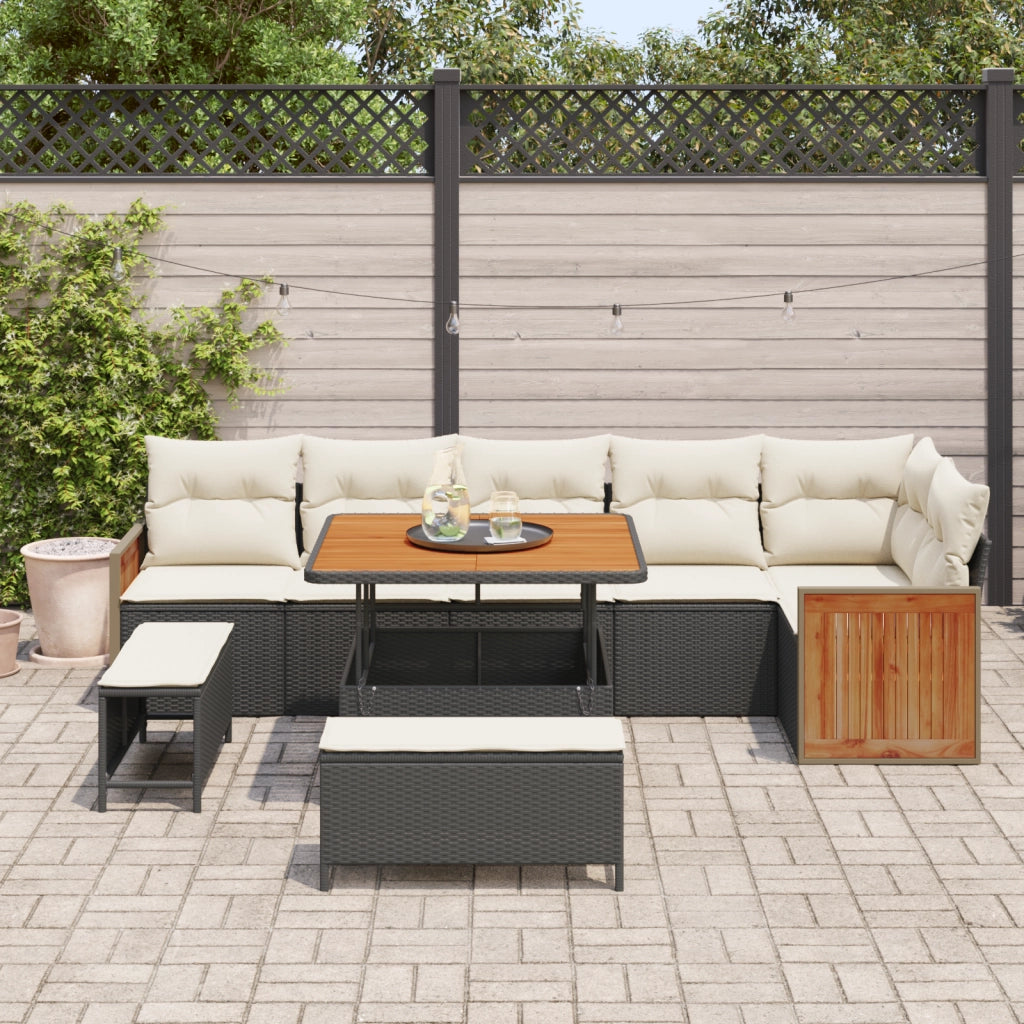 Set di Divani da Giardino 9 Pezzi con Cuscini Nero Polyrattan Acacia