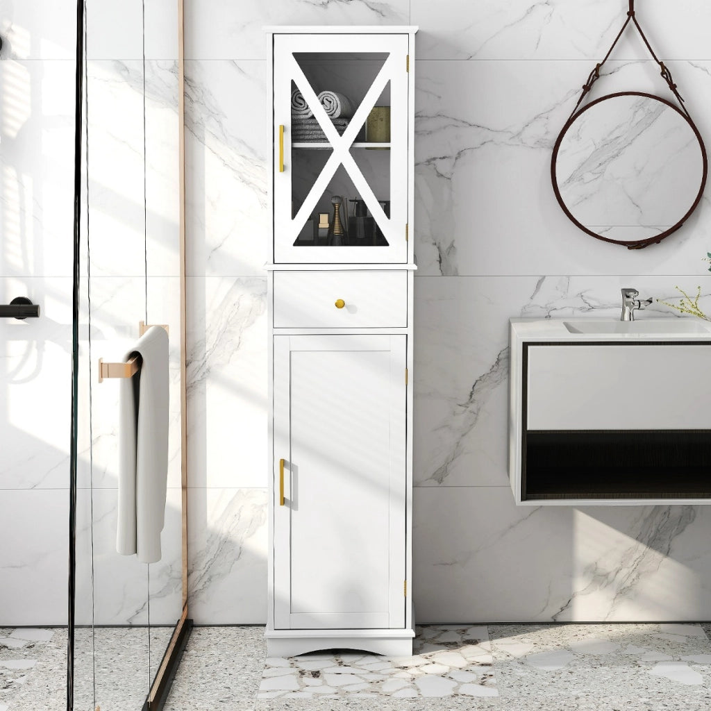 Armadio da bagno alto con cassetto per soggiorno e ufficio, Armadietto stretto in legno per cucina Bianco-Armadietti da bagno