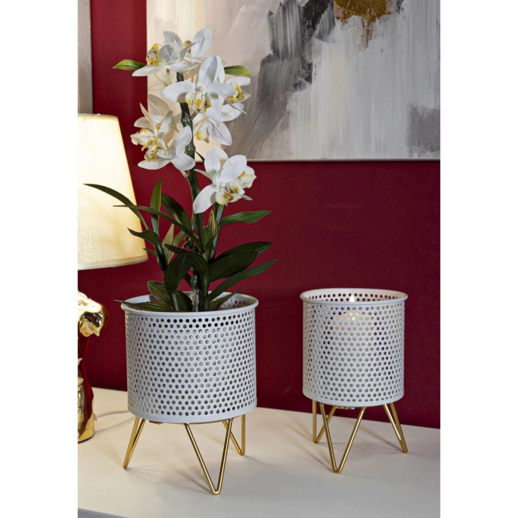 Set di 2 Vasi per Piante VKH411, Bianco, Metallo, 16x16x20 cm