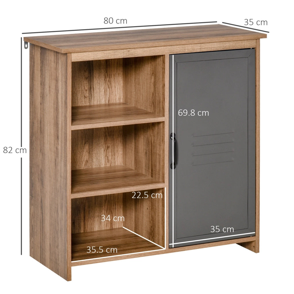 EasyComfort Mobiletto Multiuso con Ripiani e Armadietto in Legno con Anta in Metallo, Mobile per Soggiorno e Cucina, 80x35x82cm, Marrone Grigio