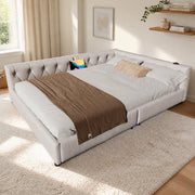 Divano letto con rete a doghe, luce LED e porte di ricarica USB e Type-C, 140 x 200 cm, beige