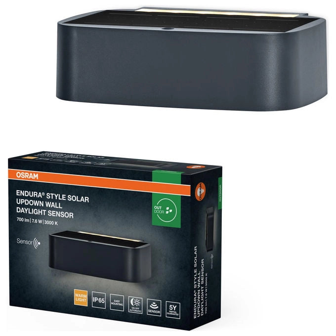 Osram Endura Style Solar Bright, lampada da parete LED solare, sensore movimento PIR e luce diurna, IP65, illuminazione up down, grigio scuro