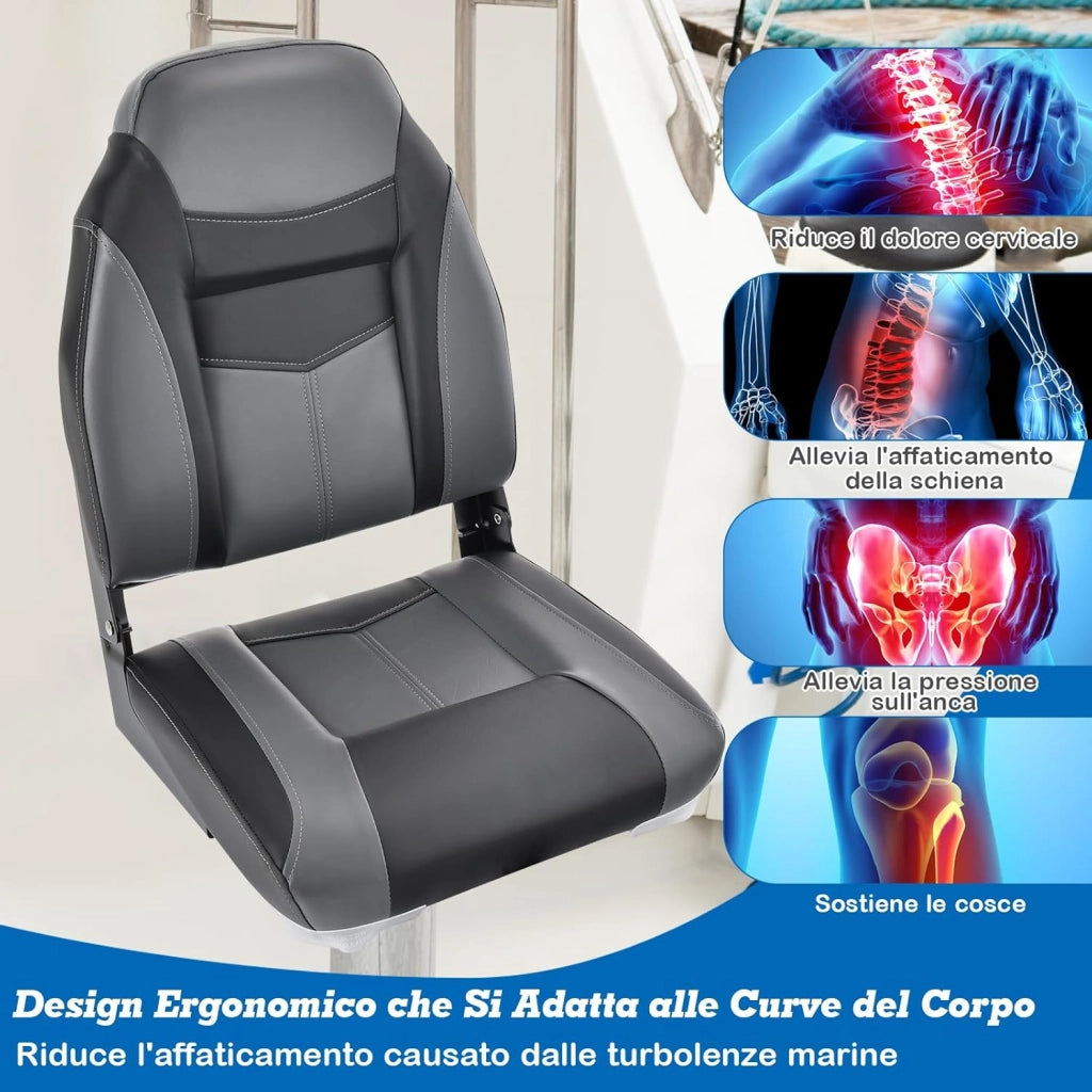 Sedia da Barca, Sedile da Barca Pieghevole con Morbido Cuscino Imbottito, Rivestimento in PVC Impermeabile, 4 Viti Incluse