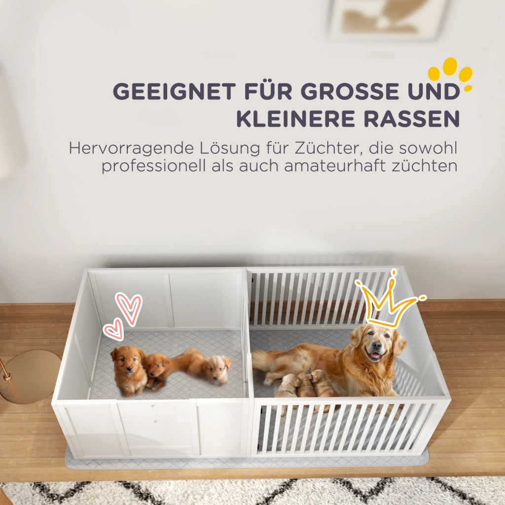 Recinzione decorativa per cuccioli a due spazi con ingresso regolabile in MDF bianco 166 × 80 × 50 cm