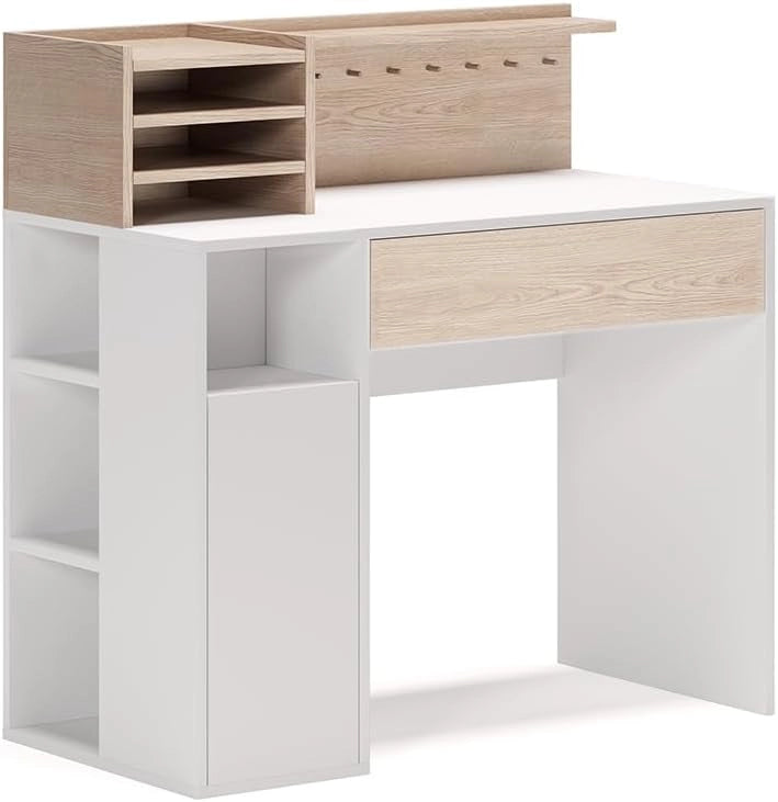 Scrivania con ripiani, Bianco/Sonoma, 126.8 x 50 cm XL con ripiani, adatto come postazione di lavoro con passacavi e superficie d’appoggio