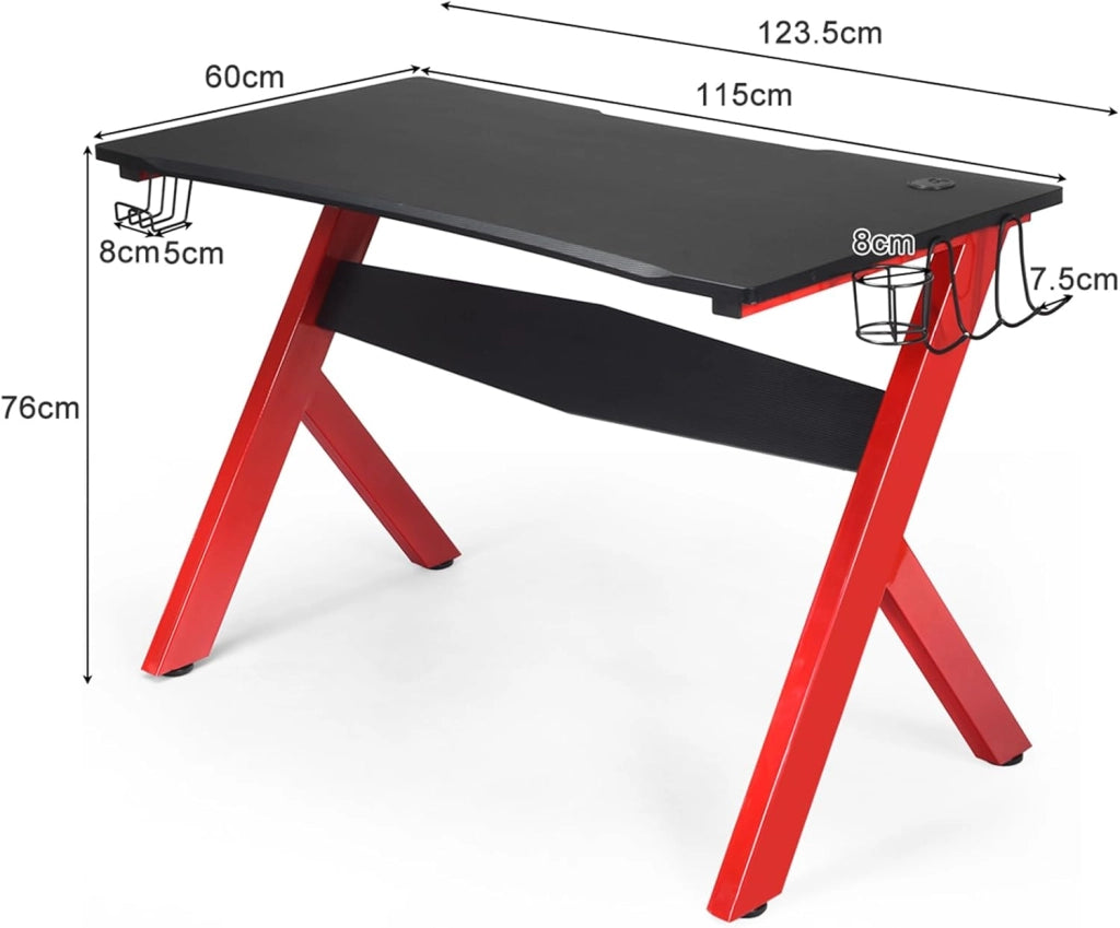 Scrivania da Gaming, Scrivania per Computer con Porta Bicchiere, Tavolo da Gaming con Superficie in Fibra di Carbonio, Capacità di Carico 100 kg, Nero