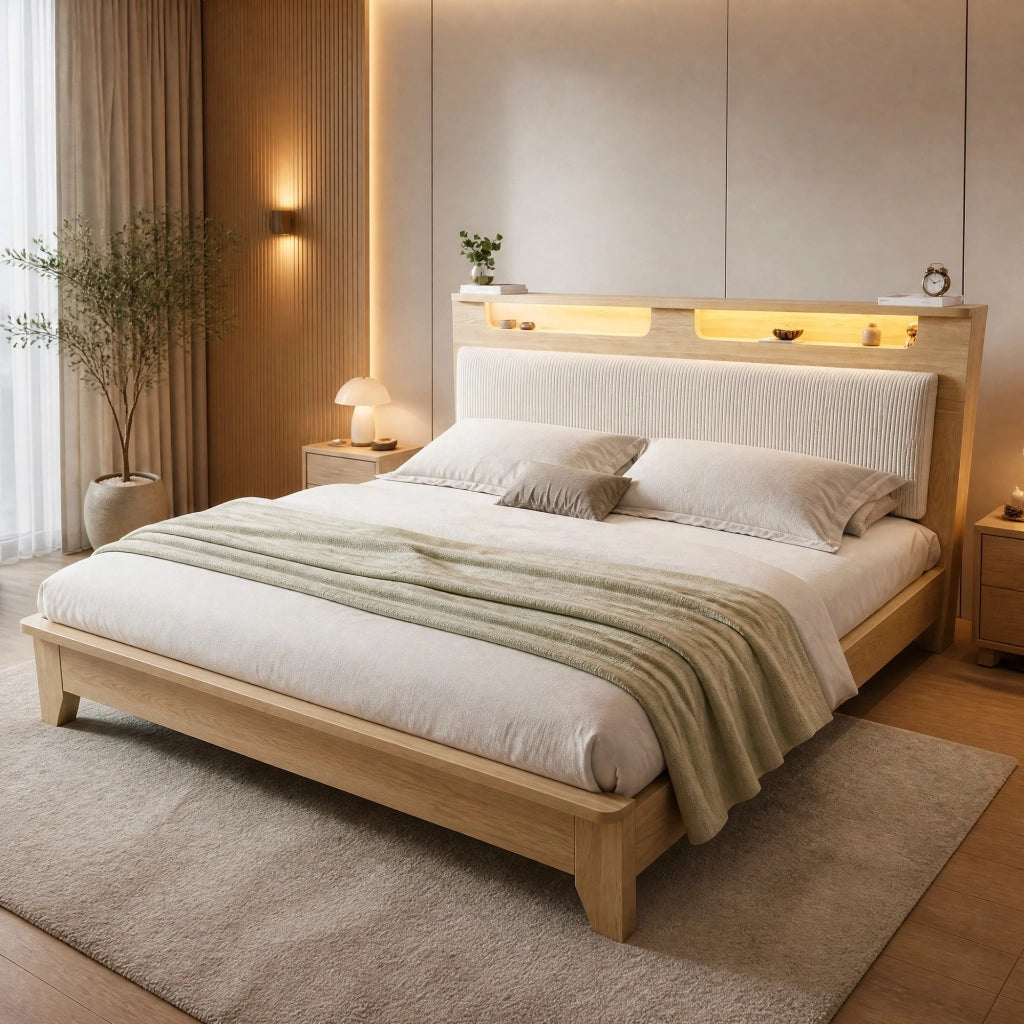 LETTO 140x200 cm con materasso incluso, LED, corduroy beige, effetto rovere