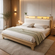 LETTO 140x200 cm con materasso incluso, LED, corduroy beige, effetto rovere