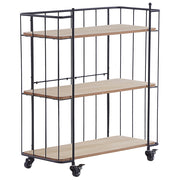 Carrello da Cucina in Metallo Nero 81 cm Costruzione Mensole in Legno Chiaro con Ripiano e Ruote Industriale Rustico Moderno
