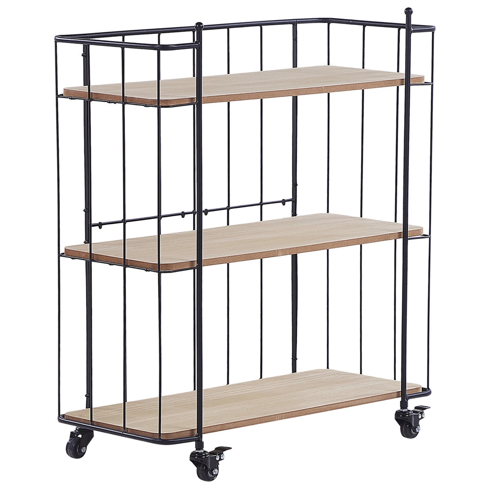 Carrello da Cucina in Metallo Nero 81 cm Costruzione Mensole in Legno Chiaro con Ripiano e Ruote Industriale Rustico Moderno