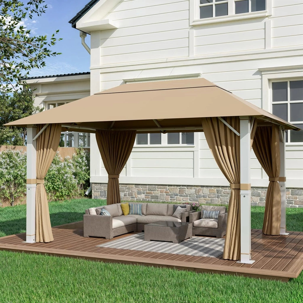 Gazebo 3x4 Impermeabile, Gazebos Giardino Invernale Resistente ai Raggi UV, Gazebos per Feste Stabile Gazebo Esterno Resistente con Struttura in Metallo, Beige