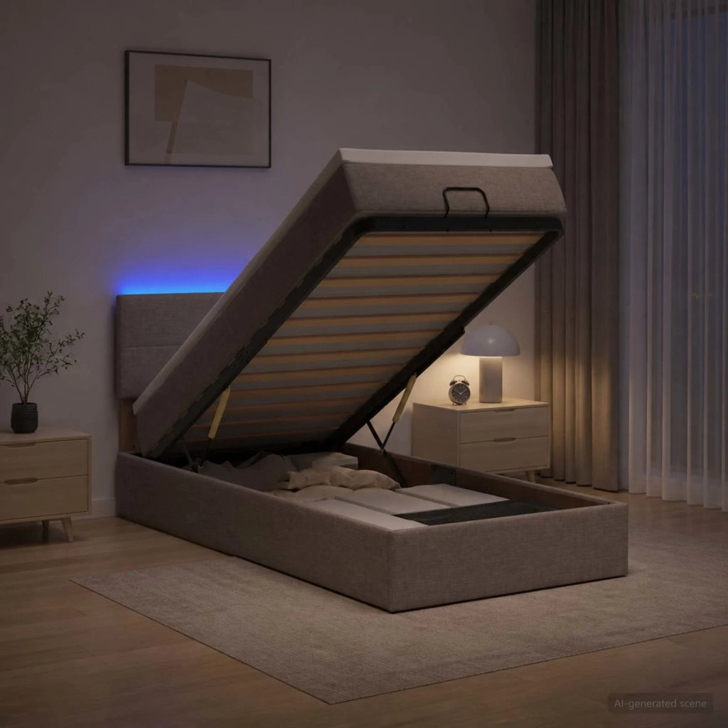 Letto Ottomano con Materasso e LED Tortora 90 x 190 cm Tessuto 3456874