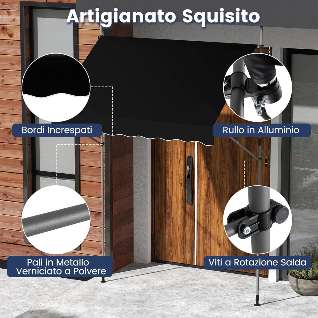 Tenda da Sole a Morsetto, Regolabile in Altezza e Inclinazione con Manovella, Telo Impermeabile e Resistente ai Raggi Solari e Telaio Antiruggine, Tenda Retrattile Senza Foratura (2M,Nero)
