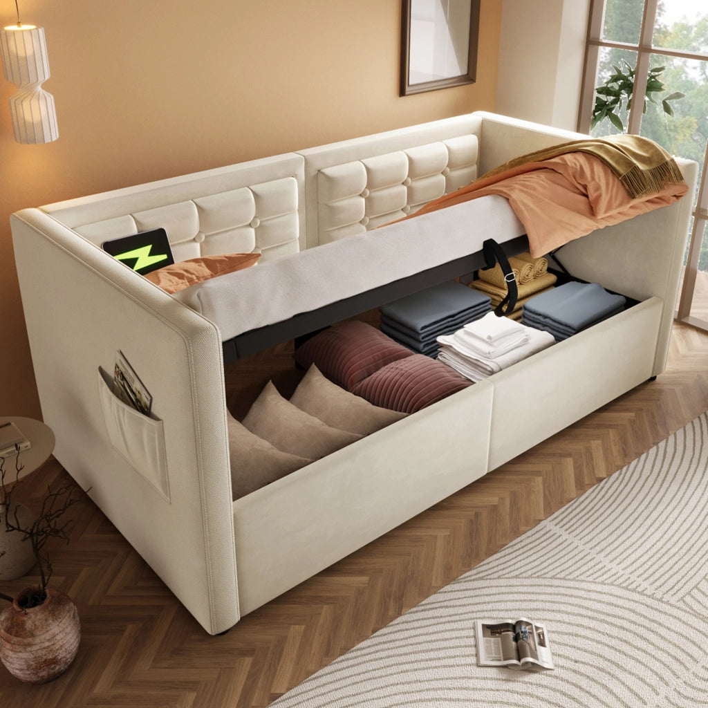 Divano letto imbottito 90x200 cm in velluto beige con contenitore idraulico e porta USB/Type-C