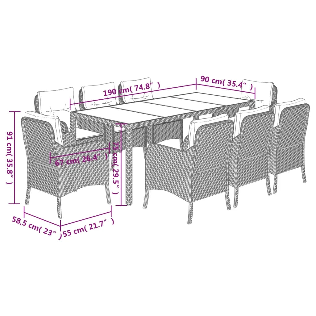 Set da Pranzo da Giardino 9 pz con Cuscini Nero in Polyrattan 3211853