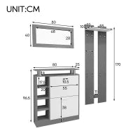 Mobile Appendiabiti da Ingresso a Parete con Specchio, 2 Pannelli a Muro, Mensola e Scarpiera, Grigio e Bianco