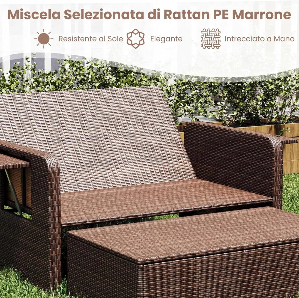 Lettino Prendisole in Rattan, Set 2 Pezzi con Divanetto & Pouf Contenitore, Schienale Regolabile a 4 Livelli e Tavolini Laterali Pieghevoli, Sdraio Doppia per Giardino e Piscina (Grigio)