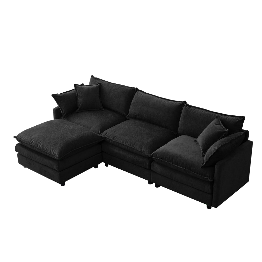 Divano angolare modulare a L 3 posti con pouf; in ciniglia premium; 267 cm; nero