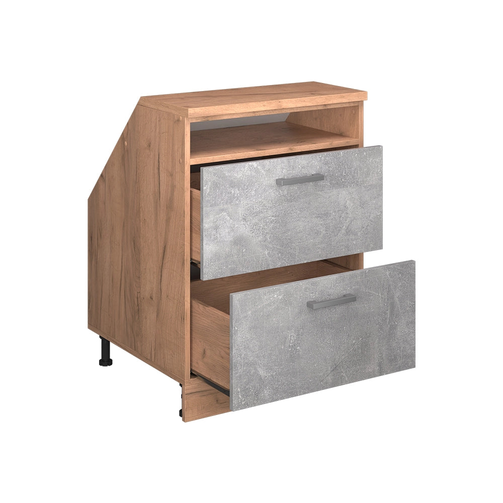 Mobile cucina sottotetto R-Line Calcestruzzo/Rovere dorato 60 cm con 2 cassetti, carcassa 60 cm profondità Vicco
