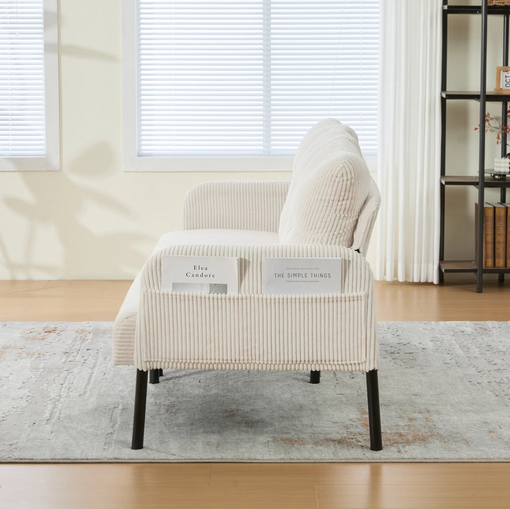 Divano tre posti beige in velluto a coste con schienale ergonomico e tasca laterale capiente