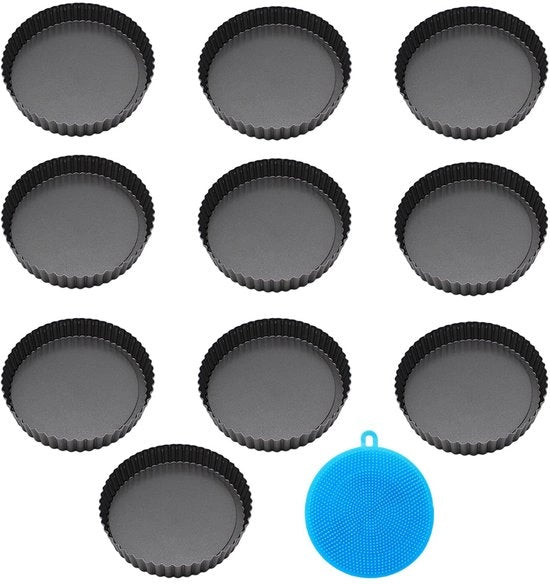 Mini Forme per Torta in Acciaio Inossidabile da 10 cm - 10 Pezzi - Base Rimovibile - Incluso Spazzolino per Pulizia in Silicone - Forma per Torta