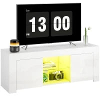 Mobile TV con Illuminazione LED, 2 Porte Armadio, Ripiano in Vetro, Passacavi, per Soggiorno, Truciolato, Bianco