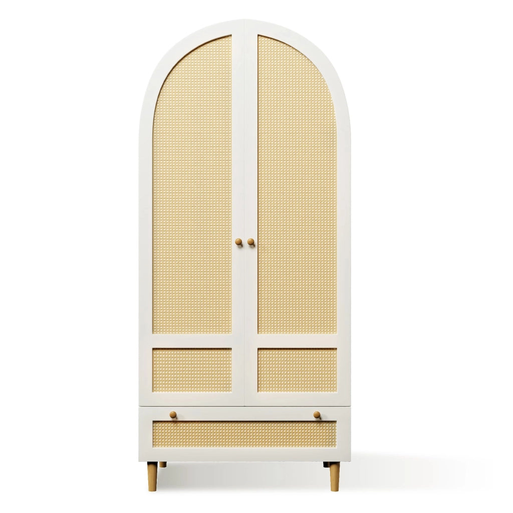 Armadio, design ad arco, stile intrecciato, con cassetti, 80x50x180 cm, bianco e color legno naturale