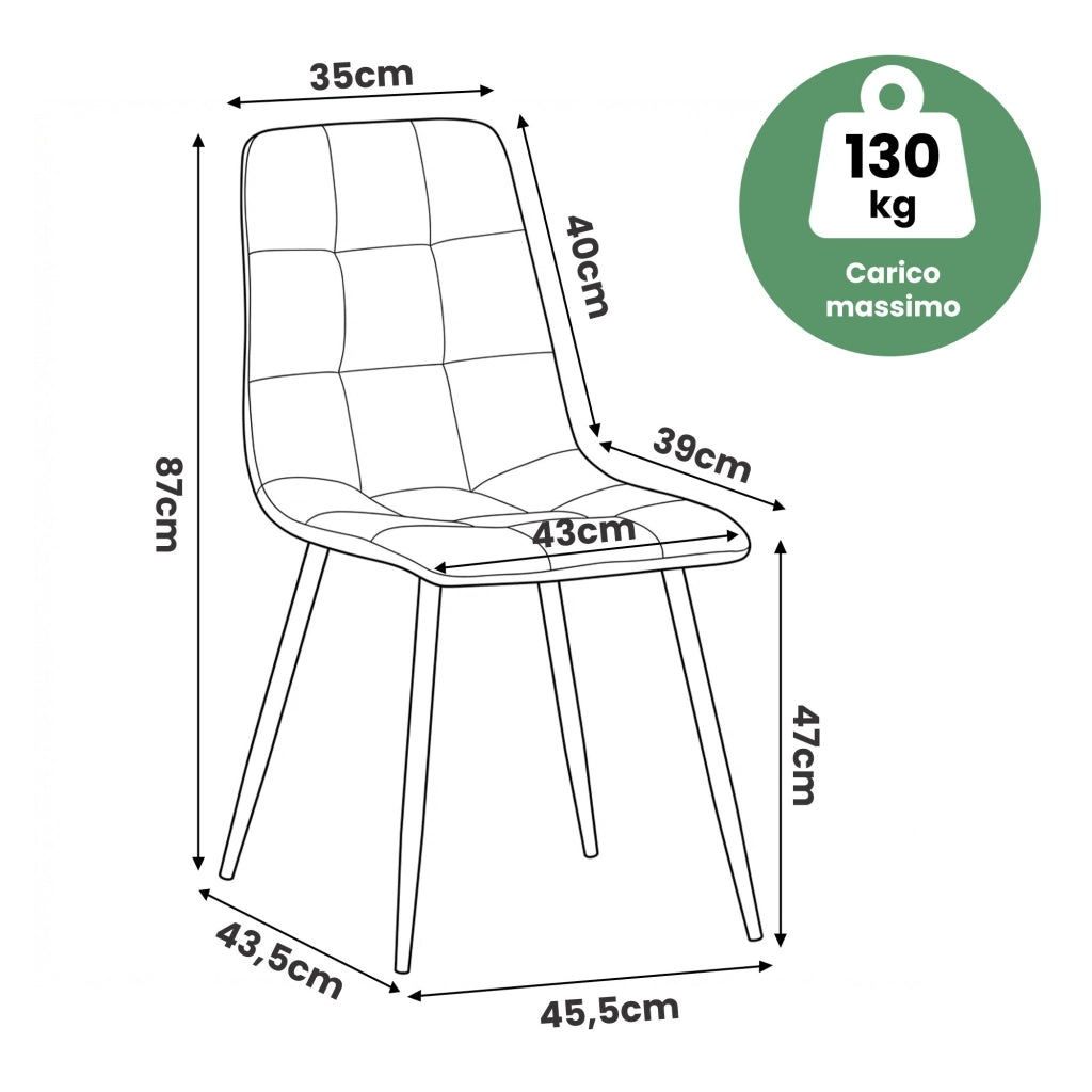 Set di 8 Sedie in velluto trapuntate NERO Grafite Scuro gambe nere