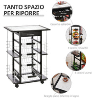 Carrello da Cucina con 4 Cestini e 4 Scomprati in Legno di Pino 57x37x83 cm  Nero