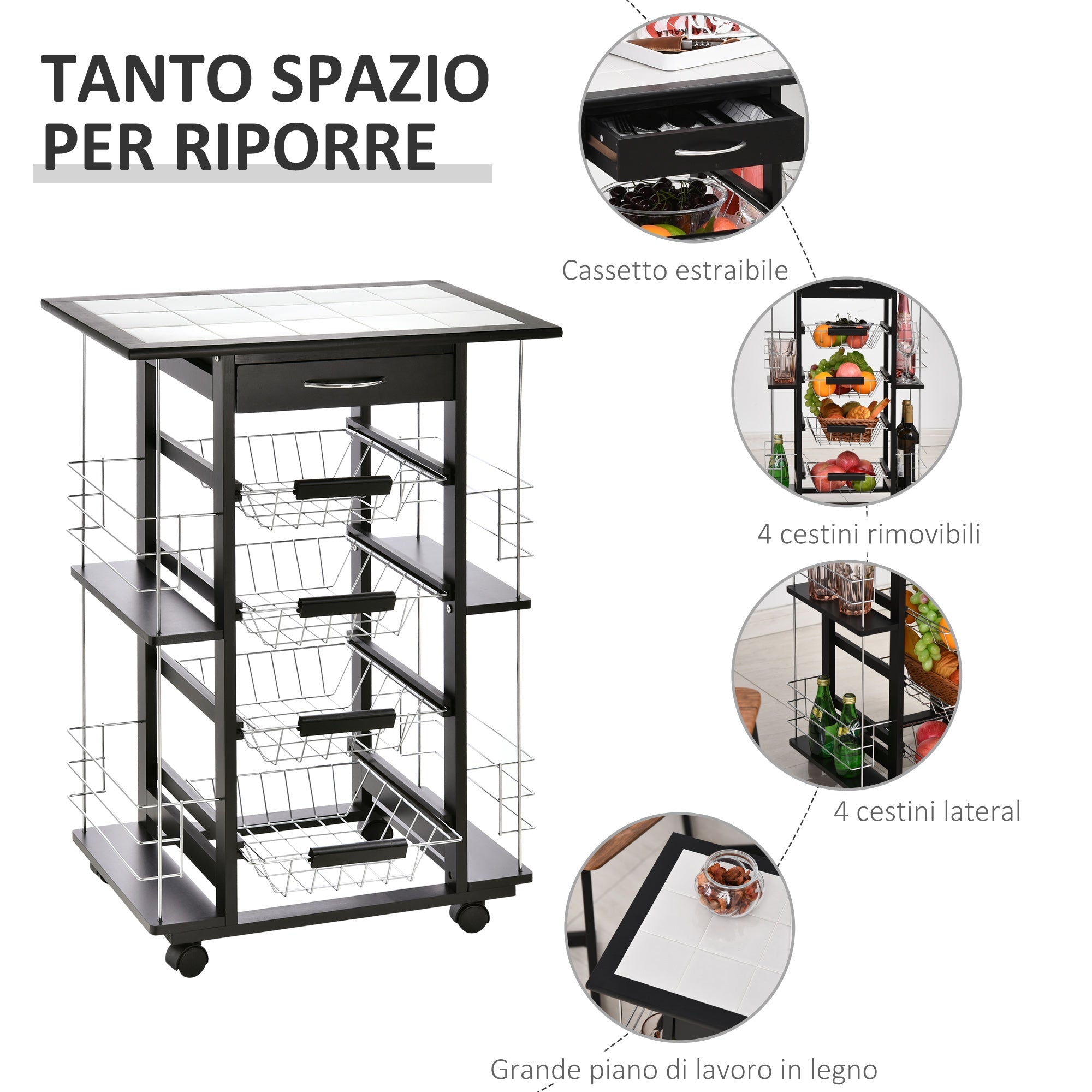 Carrello da Cucina con 4 Cestini e 4 Scomprati in Legno di Pino 57x37x83 cm  Nero