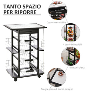 Carrello da Cucina con 4 Cestini e 4 Scomprati in Legno di Pino 57x37x83 cm  Nero