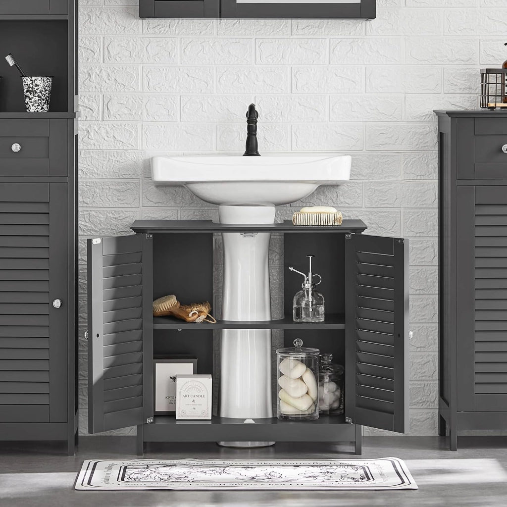 Mobile Bagno Sottolavabo - Mobiletto Bagno Salvaspazio con Mensole Regolabili, Mobile Lavabo in MDF, Antimuffa con Porta a Lamelle, per lavabo a terra, Grigio Scuro, 60x58x35cm, FRG237-II-DG