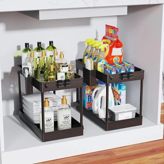 Organizzatore cucina - Organizzatore bagno 2 sotto lavandino organizzatori - ripiano sotto lavandino - contenitori per bagno con ganci e ciotole (nero)