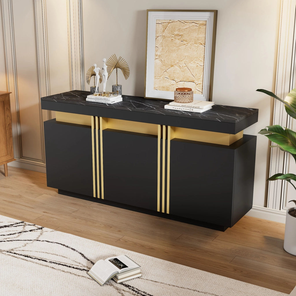 Credenza nera e oro 140 x 38 x 70 cm con 3 ante