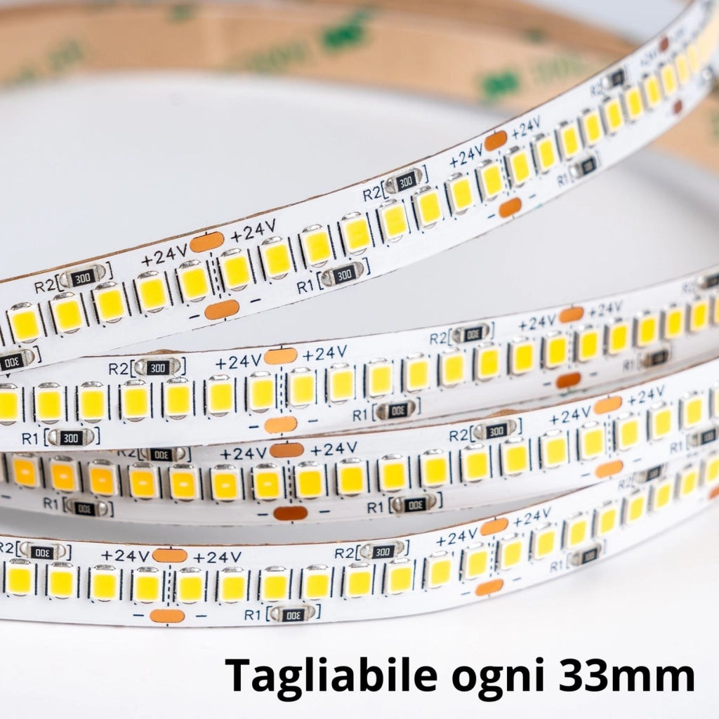 Striscia LED SMD 2835 24V, 5 Metri, Larga 10mm, Freddo 6500K, Super Luminoso 24W/M 4000LM/M 160LM/W 240SMD/M, Dimmerabile PWM, Tagliabile ogni 33mm, IP20, CRI>80