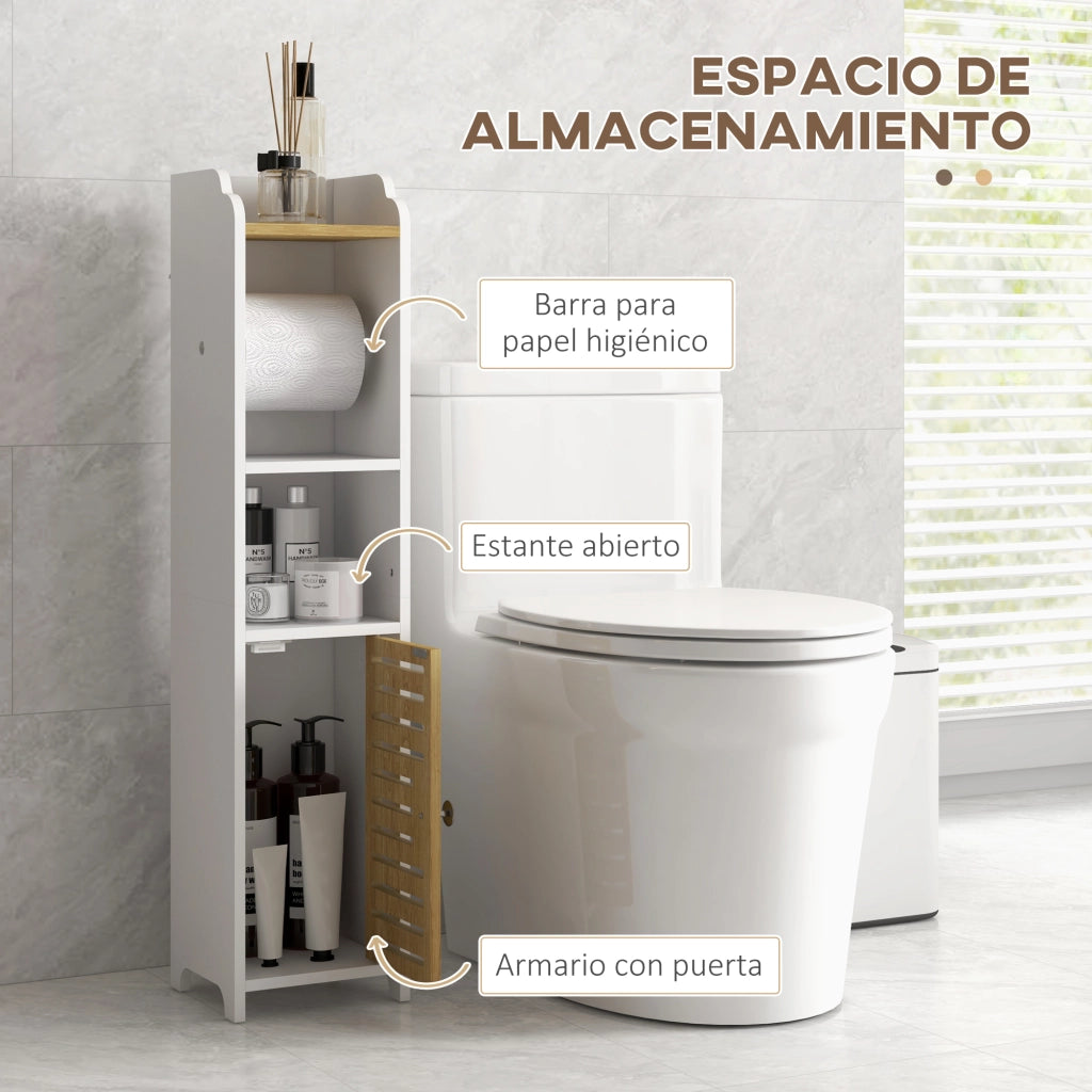 Mobile Bagno con Portarotolo e Ripiani ¨C Zephmum ¨C 18x20x90 cm Bianco e Rovere