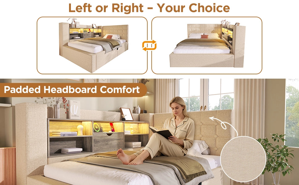 Letto singolo 90x190 cm in lino beige con LED, contenitore idraulico, testiera a L reversibile e USB