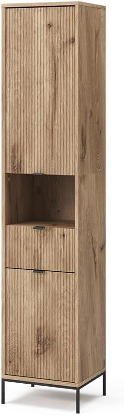 Armadio per il bagno Eliza, Grigio, 40 x 190 cm con ante e cassetto, per la conservazione di accessori da bagno e combinabile con la serie Eliza
