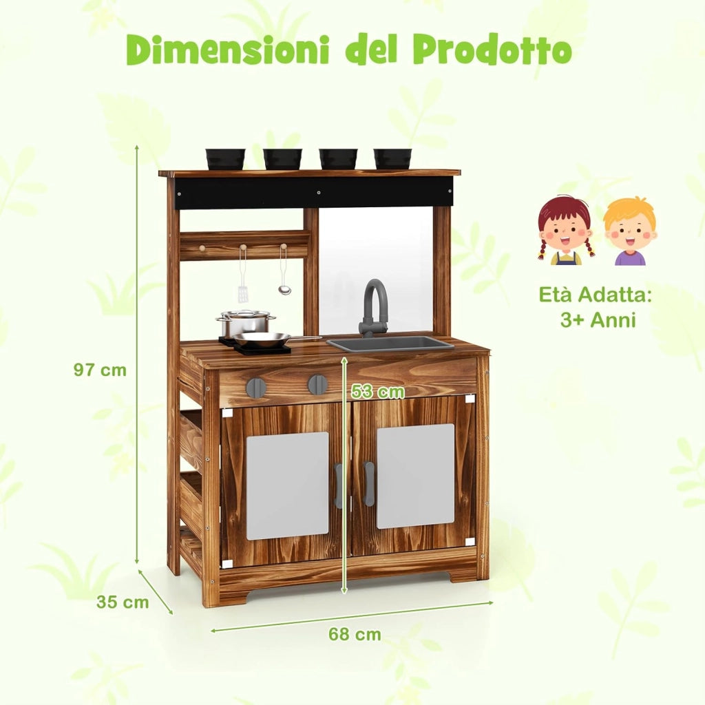 Cucina Giocattolo da Giardino con Lavagna, Cucina in Legno di Abete per Bambini con 4 Vasi da Giardinaggio, Fornelli 4 Accessori per Cucinare, 68 x 35 x 97 cm